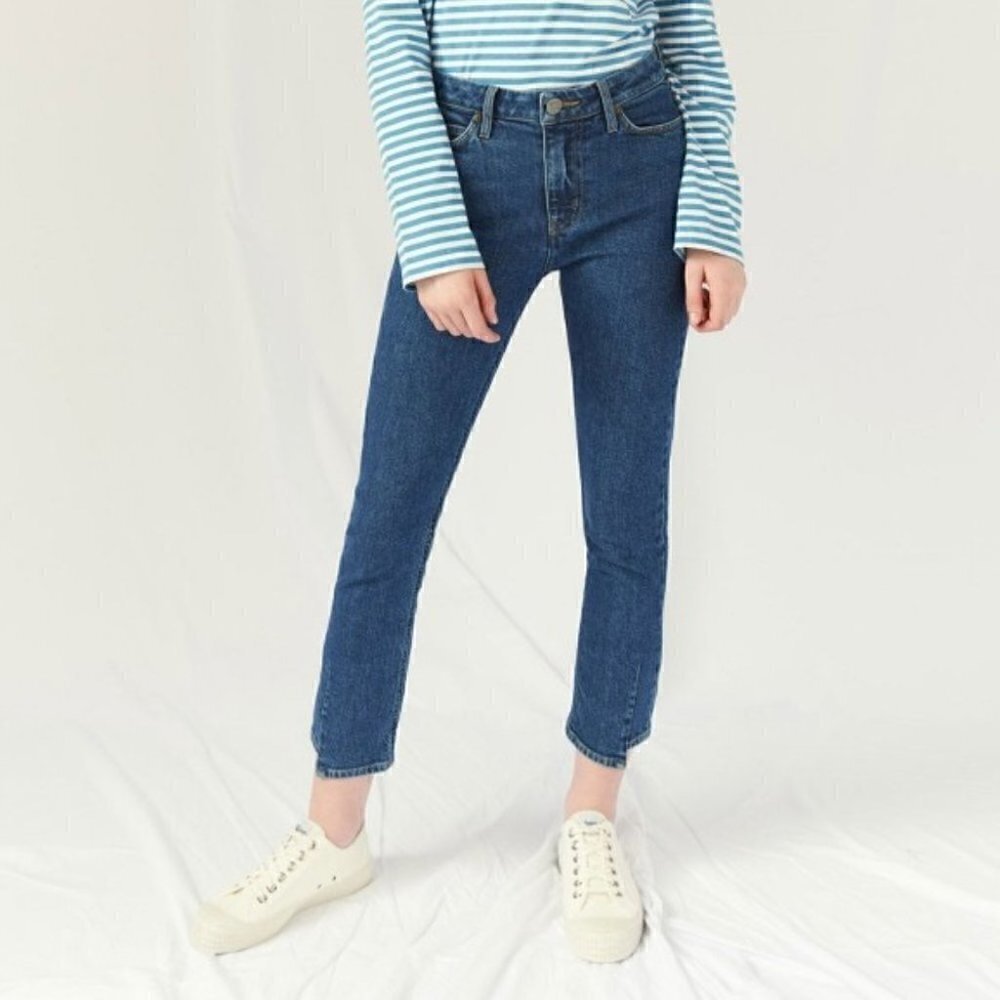 NWT Anthropologie Straight Leg Jeans Size 25 Blue Dark Wash High Rise Denim